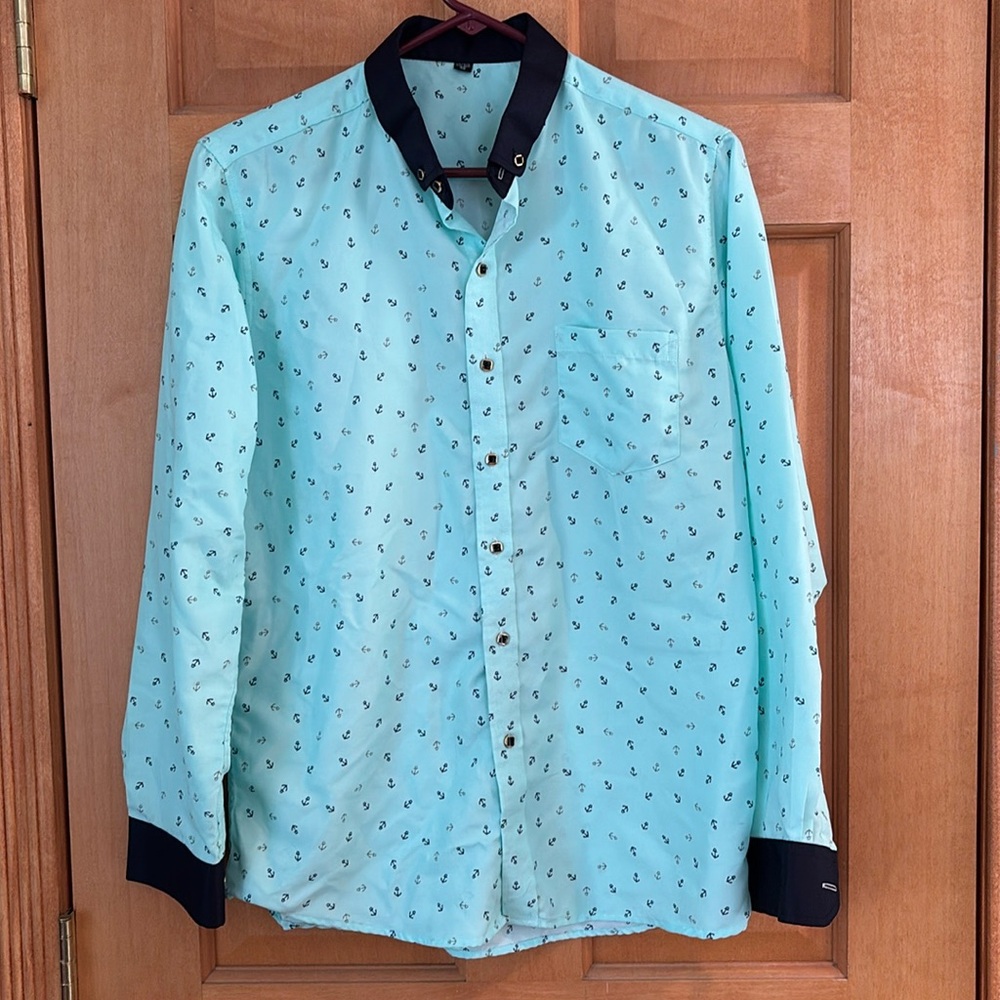 Light Blue Button-Up Shirt with Black Accents